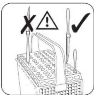 Safety warning symbol with X, !, and ✓ signs over battery pack and circuit board