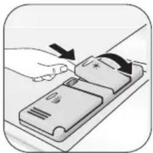 Illustration of a hand pressing down on a device with a black arrow indicating the process.