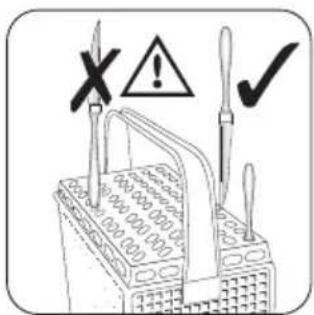 Safety warning symbols for electrical test equipment, including a battery pack, switch, and warning signs with X, Y, and checkmark.