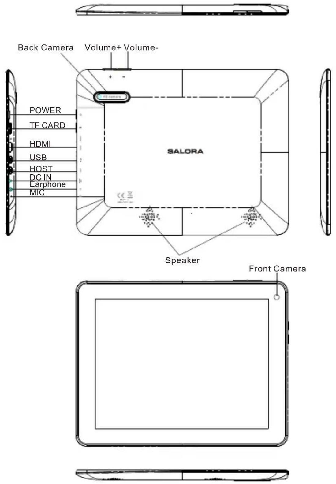 Back Camera Volume+ Volume- POWER TF CARD HDMI USB HOST DC IN Earphone MIC SALORA Speaker Front Camera