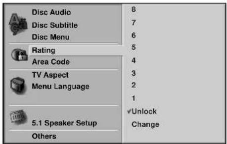 Disc Audio Disc Subtitle Disc Menu Rating Area Code TV Aspect Menu Language 5.1 Speaker Setup Others 8 7 6 5 4 3 2 1 ✓Unlock Change