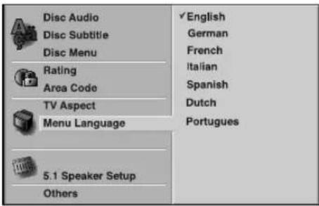 Disc Audio Disc Subtitle Disc Menu Rating Area Code TV Aspect Menu Language 5.1 Speaker Setup Others ✓ English German French Italian Spanish Dutch Portugues