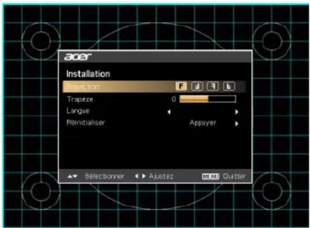 acer Installation Projection Trapèze 0 Langue Réinitialiser Appuyer Sélectionner Ajustez MENU Outter