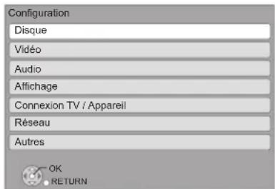 Configuration Disque Vidéo Audio Affichage Connexion TV / Appareil Réseau Autres OK RETURN