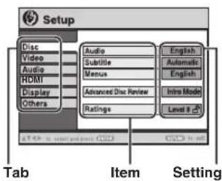 Setup Disc Video Audio HDMI Display Others Audio Subtitle Menus Advanced Disc Review Ratings English Automatic English Intro Mode Level 8 Tab Item Setting