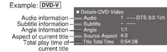 Example: DVD-V Details-DVD-Video Audio information — Audio 1 --- DTS 3/2.1ch Subtitle information — Subtitle — --- Angle information — Angle 1/1 Aspect of current title — Source Aspect 4:3 Total play time of — Title Total Time 0:54:28