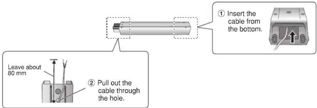 Leave about 80 mm ② Pull out the cable through the hole. ① Insert the cable from the bottom.