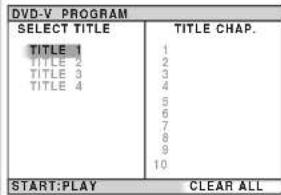 DVD-V PROGRAM SELECT TITLE TITLE 1 TITLE 2 TITLE 3 TITLE 4 TITLE CHAP. 1 2 3 4 5 6 7 8 9 10 START:PLAY CLEAR ALL