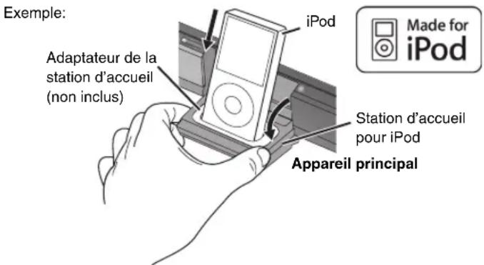 Exemple : iPod Adaptateur de la station d'accueil (non inclus) Station d'accueil pour iPod Conçu pour iPod Appareil principal