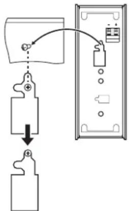Diagram showing a device connection with labeled ports and polarity indicators, likely illustrating a mechanical or electrical assembly.