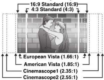 16:9 Standard (16:9) 4:3 Standard (4:3) European Vista (1.66:1) American Vista (1.85:1) Cinemascope1 (2.35:1) Cinemascope2 (2.55:1)