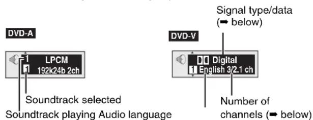 DVD-A LPCM 192k24b 2ch Soundtrack selected Soundtrack playing Audio language Signal type/data (→ below) DVD-V Digital English 3/2.1 ch Number of channels (→ below)