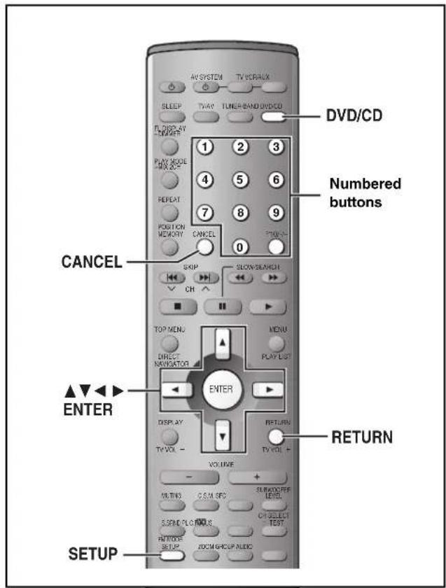 AV SYSTEM TV/CREAUX SLEEP TWAY TUNER-BAND DVD/CU DVD/CD Numbered buttons 1 2 3 4 5 6 7 8 9 POSITION CANCEL 0 CANCEL SKIP SLOW/SEAMICH CH TOP MENU MENU DIRECT NAVIGATION PLAY LIST ENTER DISPLAY RETURN TV VOL TV VOL + VOLUME + VITING CSM SPEC SURFACE LEVEL SOUND PLOT NOUS CH SELECT TEST RETURN SETUP JOCM GROUP AUDIO