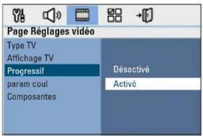 Page Réglages vidéo Type TV Affichage TV Progressif Paramètres couleur Composantes Désactivé Activé