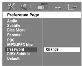 Page des préférences Audio Sous-titres Menu du disque Contrôle parental PBC Navigation MP3/JPEG Mot de passe Sous-titres DivX Par défaut Modifier