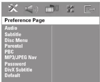 Page des préférences Audio Sous-titres Menu du disque Contrôle parental PBC Navigation MP3/JPEG Mot de passe Sous-titres DivX Par défaut