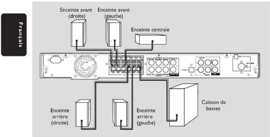 Enceinte avant (droite), enceinte avant (gauche), enceinte centrale, enceinte arrière (droite), enceinte arrière (gauche), caisson de basses
