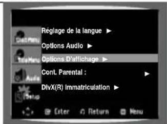 Réglage de la langue ▶ Options Audio ▶ Options D'affichage ▶ Cont. Parental : ▶ DivX(R) Immatriculation ▶