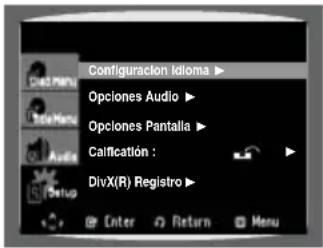 Configuración Idioma Opciones Audio Opciones Pantalla Calificación : DivX(R) Registro