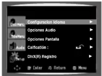 Configuracion Idioma Opciones Audio Opciones Pantalla Calificación : DivX(R) Registro