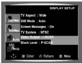 DISPLAY SETUP TV Aspect : Wide Still Mode : Auto Screen Messages : On TV System : NTSC Video Output : I-SCAN Black Level : P-SCAN