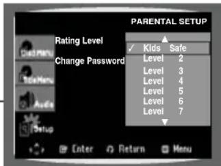 PARENTAL SETUP Rating Level ✓ Kids Safe Change Password Level 2 Level 3 Level 4 Level 5 Level 6 Level 7 Enter Return Menu