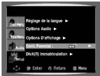 Réglage de la langue ▶ Options Audio ▶ Options D'affichage ▶ Cont. Parental : ▶ DivX(R) Immatriulation ▶ Enter Return Menu
