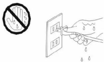 Safety warning symbol and diagram showing a hand holding a 'no hand' with water droplets, next to an electrical outlet with water droplets.