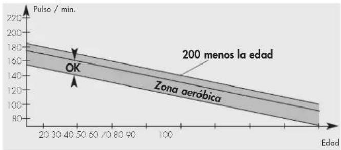 | Edad | Pulso / min. | | ---- | ----------- | | 20 | 180 | | 30 | 170 | | 40 | 160 | | 50 | 150 | | 60 | 140 | | 70 | 130 | | 80 | 120 | | 90 | 110 | | 100 | 100 | | 110 | 90 | | 120 | 80 |