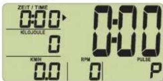 ZEIT / TIME 0:00 KLOJOULE 0 KMH 0.0 0-00 0-00 RPM PULSE 0 P