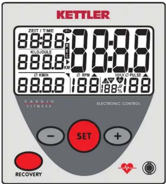 KETTLER ZEIT / TIME 88:88 KILOJOLLE 88.8.8 KM Ø KM/H 88.8.8 0 0:0.0 Ø RPM MAX Ø PULSE 188 188 % CARDIO FITNESS ELECTRONIC CONTROL SET + RECOVERY