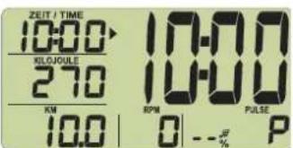 ZEET / TIME 10:00 KILOJULE 270 KM 10.0 10:00 RPM 10:00 PULSE 0 --% P