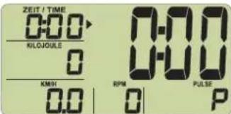 ZEIT / TIME 0:00 KILOJOULE 0 KMH 0.0 0-00 0-00 RPM PULSE 0 P