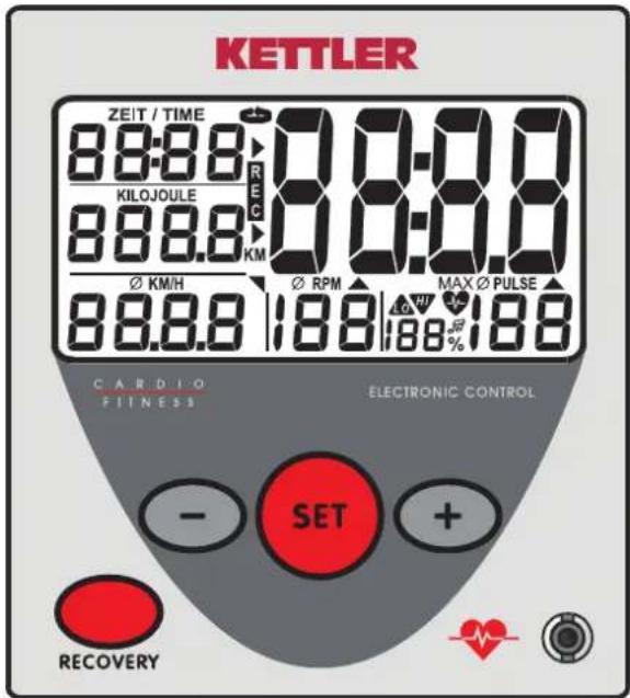 KETTLER ZEIT / TIME 88:88 RE KILOJULE 88.8. KM Ø KM/H Ø RPM MAX Ø PULSE 88.8.8 188 188 % C A R D I O F I T N E S S E L E C T R O N I C O N T R O L - SET + RECOVERY