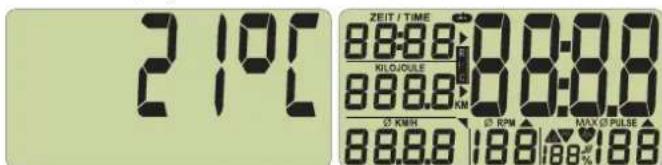 21°C ZEIT / TIME 88:00 KILO/DULE 88.8.8 KM Ø KWH Ø RPM MAX Ø PULSE 88.8.8 188 188% 188