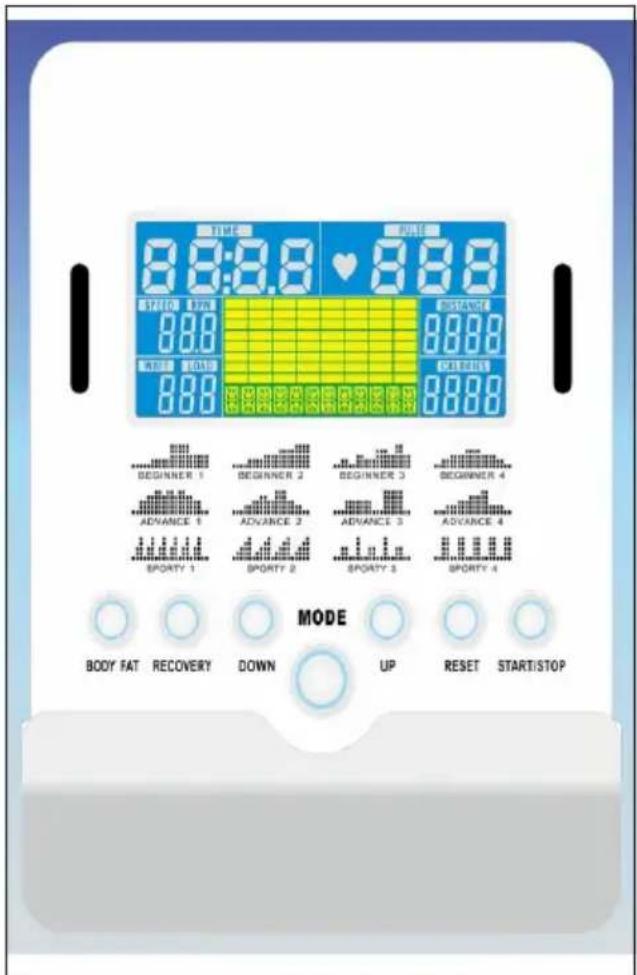 TIME 8:00:00 ♥ 8:00 SPEED STAY 8:00 INSISTANCE 8:00 NATI BOUND 8:00 CENTRIOUS 8:00 BEGINNER 1 BEGINNER 2 BEGINNER 3 BEGINNER 4 ADVANCE 1 ADVANCE 2 ADVANCE 3 ADVANCE 4 SPORTY 1 SPORTY 2 SPORTY 3 SPORTY 4 BODY FAT RECOVERY DOWN UP RESET START/STOP MODE
