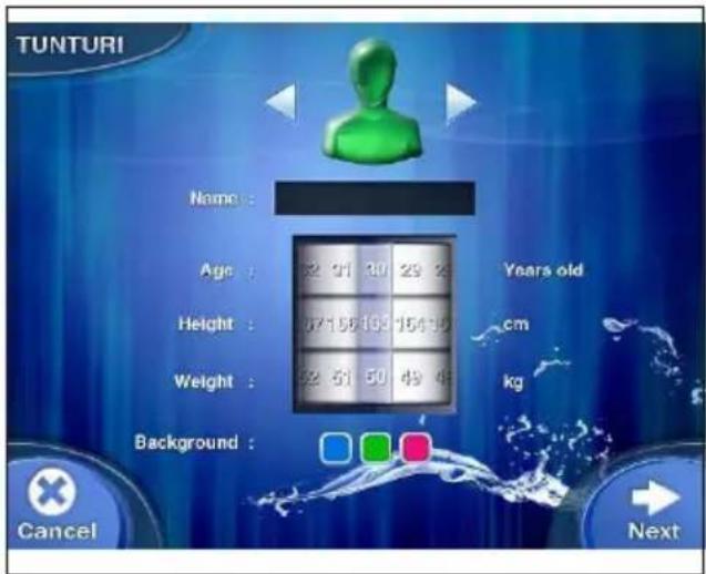 TUNTURI Name : Age : 21 30 29 2 Years old Height : 07156 105 15410 cm Weight : 52 51 50 49 4 kg Background : Cancel Next