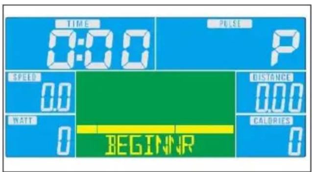 TIME 0:00 PULSE P SPEED 0.0 WATT 0 DISTANCE 0.00 CALORIES 0 BEGINNR