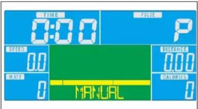 TIME 0:00 PULSE P SPEED 0.0 WATT 0 MANUAL DISTANCE 0.00 CALORIES 0