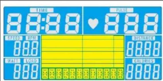 TIME 88:88 ♥ 888 SPEED RPM 888 WAIT LOAD 888 PULSE DISTANCE 8800 CALORIES 8800