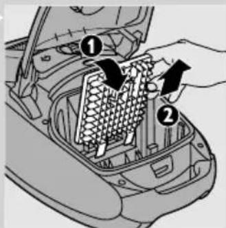 Diagram of car engine compartment with numbered parts, showing internal structure and hand placement
