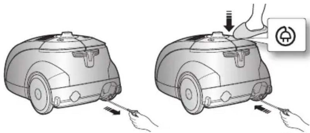 Diagram showing two robotic vacuum cleaner setups with labeled parts and a power button icon