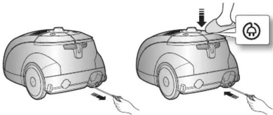 Diagram showing two robotic vacuum cleaner setups with foot and power button icons, illustrating mechanical or electrical contact details.