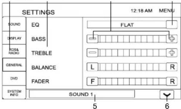 SETTINGS 12:18 AM MENU SOUND EQ FLAT DISPLAY BASS RDS& RADIO TREBLE GENERAL BALANCE L R DVD FADER F R SYSTEM INFO SOUND 1 5 6