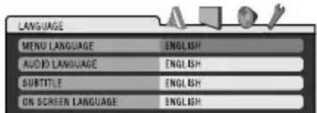 LANGUAGE MENU LANGUAGE ENGLISH AUDIO LANGUAGE ENGLISH SUBTITLE ENGLISH ON SCREEN LANGUAGE ENGLISH