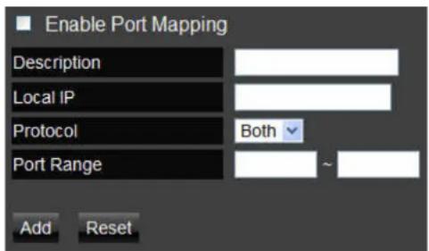 Enable Port Mapping Description Local IP Protocol Both Port Range Add Reset