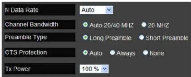 N Data Rate Channel Bandwidth Preamble Type CTS Protection Tx Power Auto Auto 20/40 MHZ 20 MHZ Long Preamble Short Preamble Auto Always None 100 %
