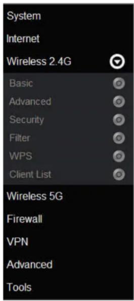 System Internet Wireless 2.4G Basic Advanced Security Filter WPS Client List Wireless 5G Firewall VPN Advanced Tools