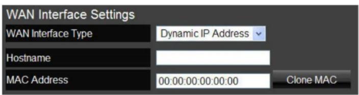 WAN Interface Settings WAN Interface Type Dynamic IP Address Hostname MAC Address 00:00:00:00:00:00 Clone MAC