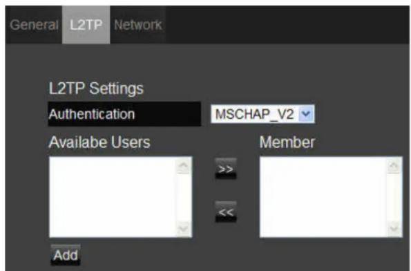 General L2TP Network L2TP Settings Authentication MSCHAP_V2 Availabe Users Member Add